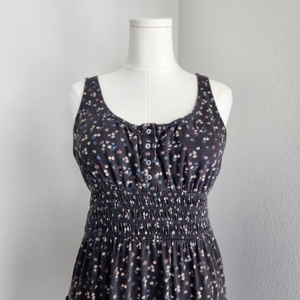 Lucky Brand Grey Ditsy Floral Smocked Tiered Tank Sundress Cotton A Line L - Picture 2 of 11
